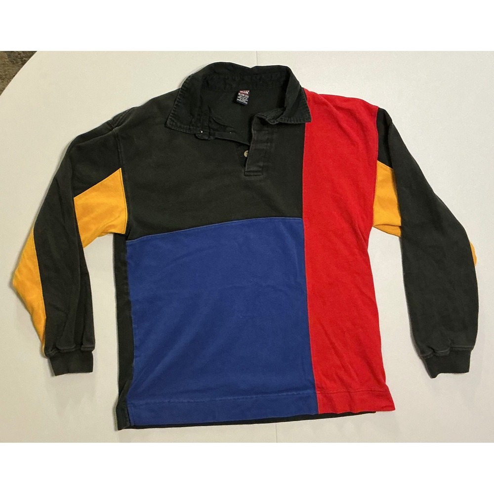VTG Y2K Color Block Rugby Polo‎ Longsleeve Black Red Blue Yellow Men XL (fits M)